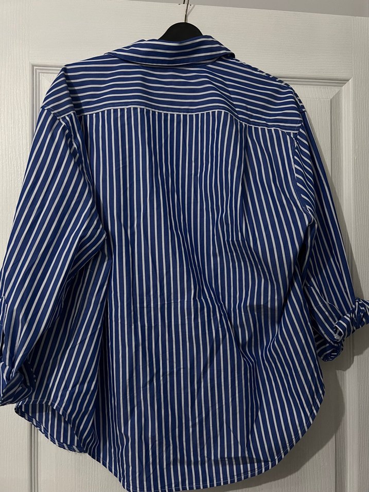 Lacivert Çizgili Uzun Kollu Keten Gömlek - Görsel 2