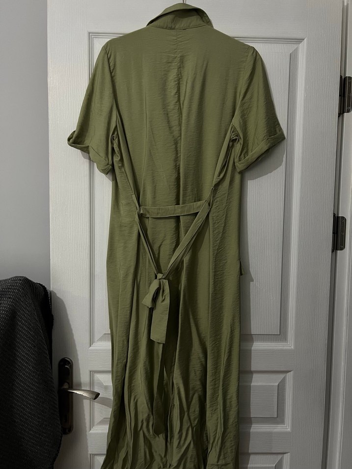 Düğmeli Keten Kadın Tulum, Rahat Kesim, Haki - Görsel 3