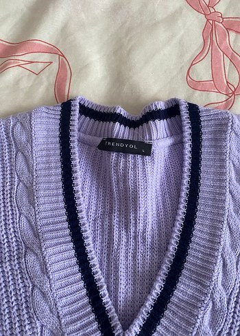 Mor V Yaka Örgü Kadın Süveter - Görsel 2