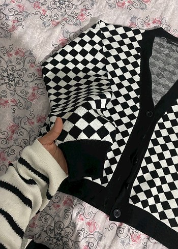 Damalı triko hırka crop takım  - Görsel 2