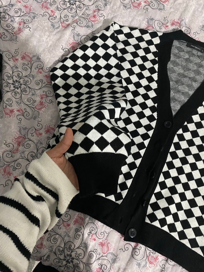 Damalı triko hırka crop takım  - Görsel 2