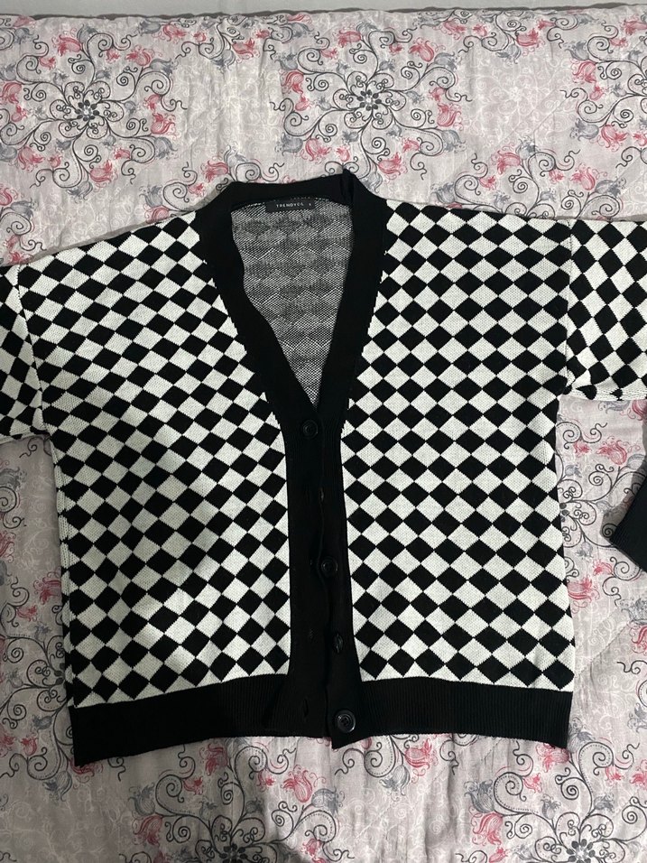 Damalı triko hırka crop takım  - Görsel 3