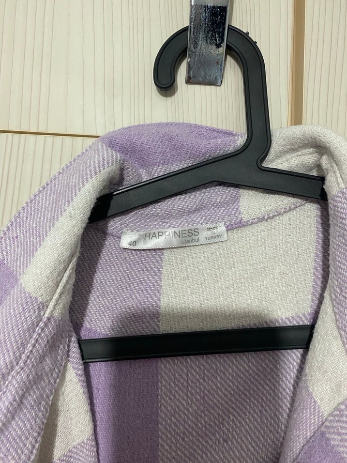 Mor Kareli Pamuklu Düğmeli Kadın Gömlek - Görsel 4