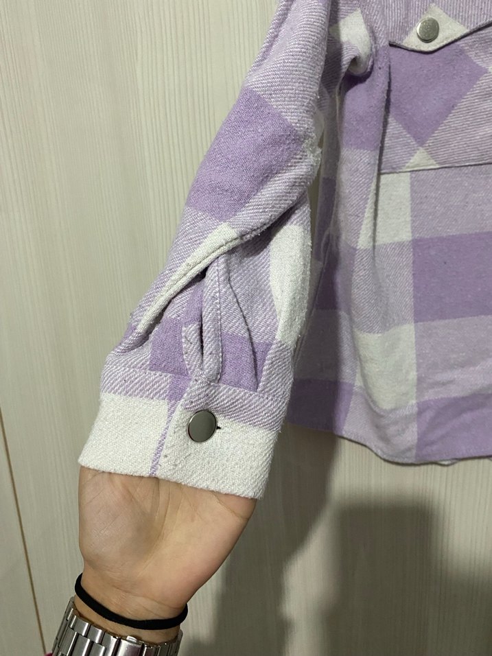 Mor Kareli Pamuklu Düğmeli Kadın Gömlek - Görsel 3