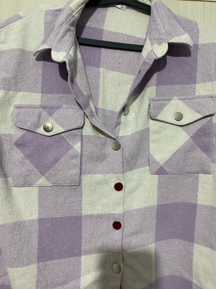 Mor Kareli Pamuklu Düğmeli Kadın Gömlek - Görsel 2