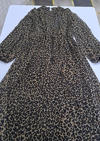 Leopar Desenli Kahverengi Uzun Kadın Elbise