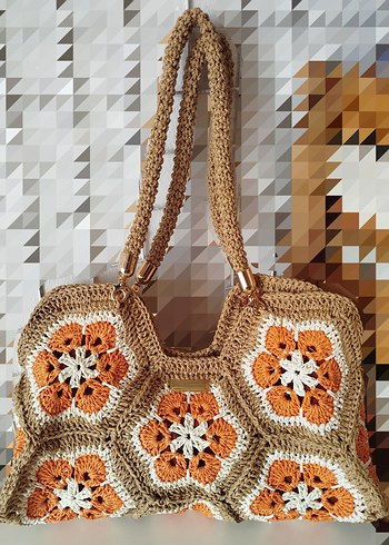 Bohem Çiçek Desenli Örgü Kadın Çantası - Görsel 2