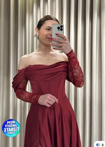 Diğer Bordo Uzun Dantel Kollu Abiye Elbise
