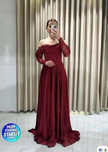 38 Beden bordo Renk Bordo Uzun Dantel Kollu Abiye Elbise