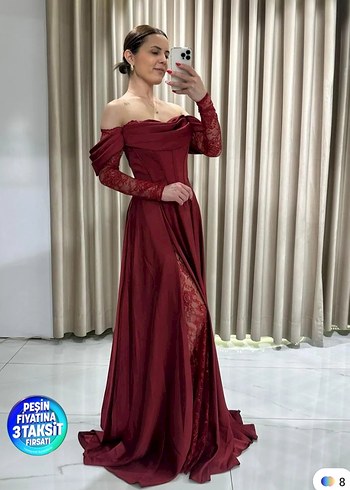 Bordo Uzun Dantel Kollu Abiye Elbise