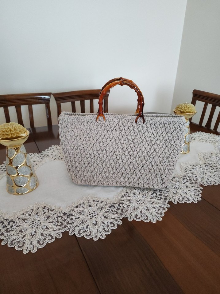 Bej El Örgüsü Pamuk Çanta - Görsel 5