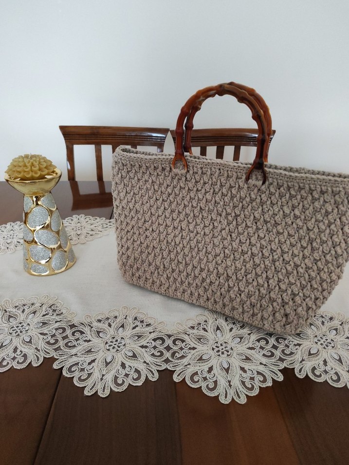 Bej El Örgüsü Pamuk Çanta - Görsel 2