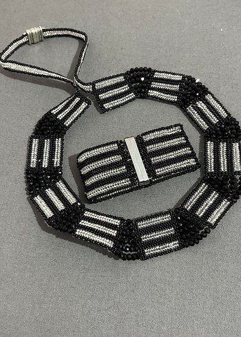 Uzun Siyah Gri Boncuklu Çizgili Kadın Kolye - Görsel 4