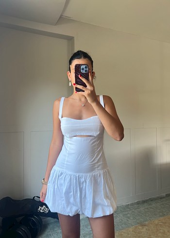 Beyaz Mini Balon Etek Elbise %100 Pamuk