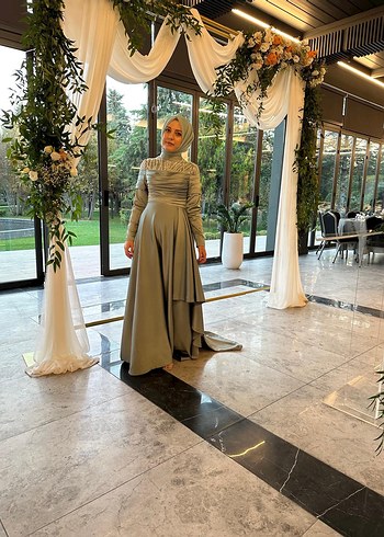 Su Yeşili Ayşegül Kalileo Uzun Kollu Drapeli Kadın Abiye kuyruk