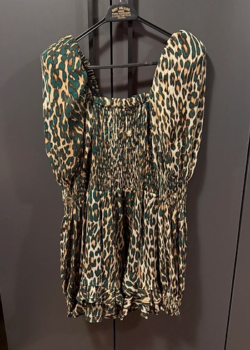 Leopar Desenli Mini Kadın elbise Yeşil tonda 36 beden