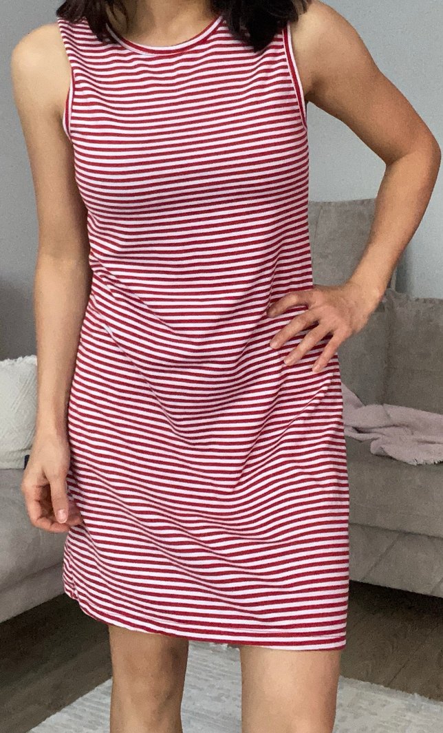 Kırmızı Çizgili Yüksek Yakalı Midi Elbise - Görsel 3