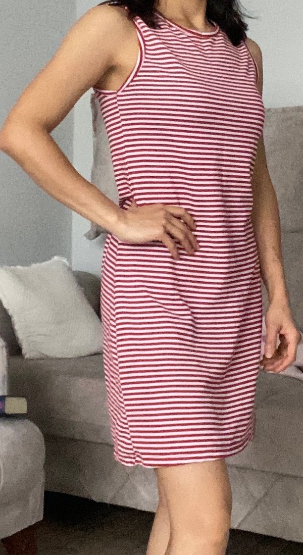 Kırmızı Çizgili Yüksek Yakalı Midi Elbise - Görsel 2