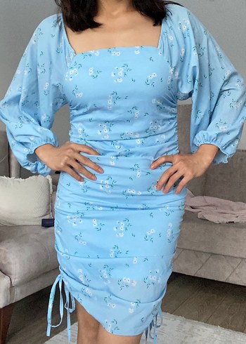 Mavi Drapeli Midi Elbise - Görsel 3