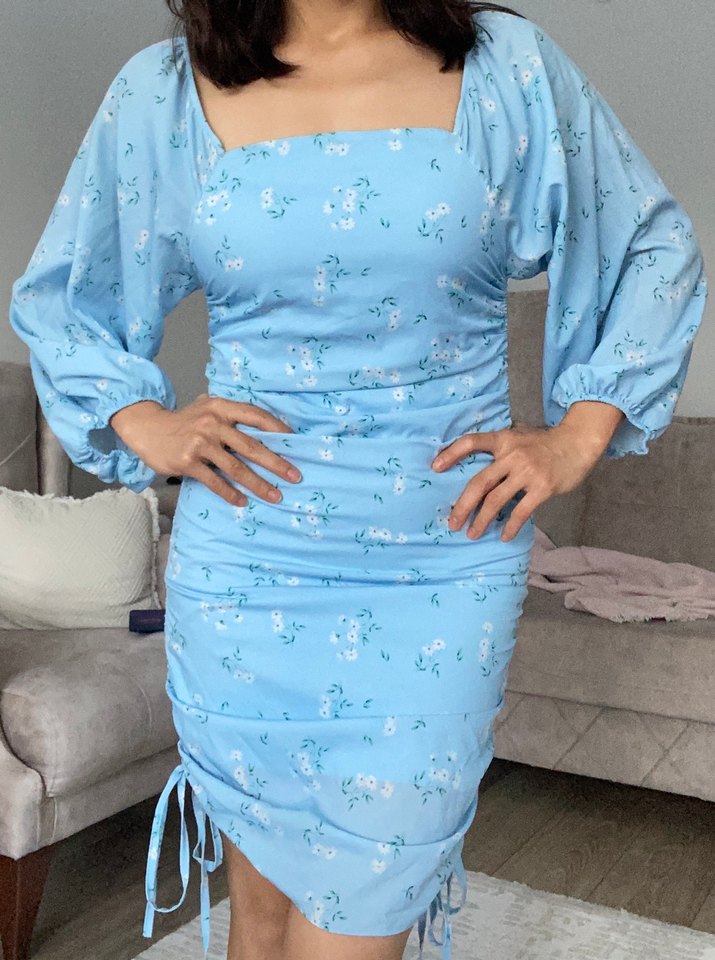 Mavi Drapeli Midi Elbise - Görsel 3