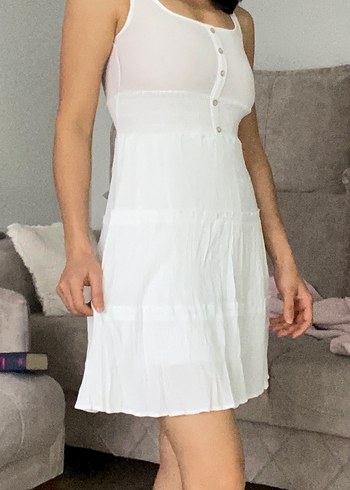 Beyaz kare Yaka Fırfırlı Midi Elbise - Görsel 2