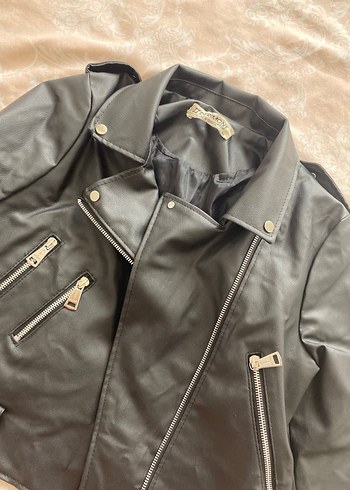 Siyah Kadın Deri Biker Ceket - Görsel 5