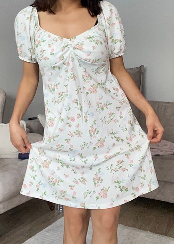 Beyaz Çiçek Desenli Midi Bohem Elbise - Görsel 3