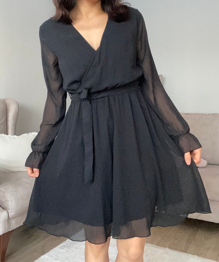 Siyah V Yaka Kemerli Midi Elbise - Görsel 3