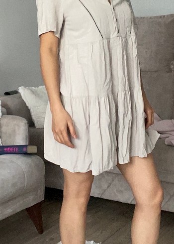 Bej V Yakalı Keten Midi Elbise - Görsel 2