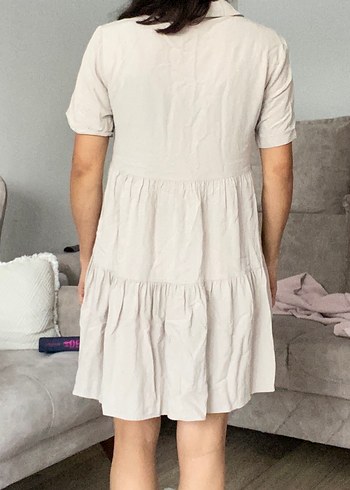 Bej V Yakalı Keten Midi Elbise - Görsel 4