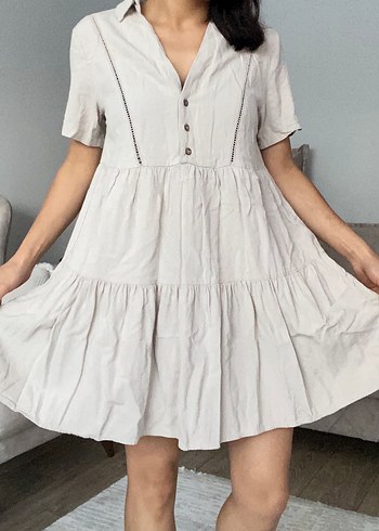 Bej V Yakalı Keten Midi Elbise - Görsel 3