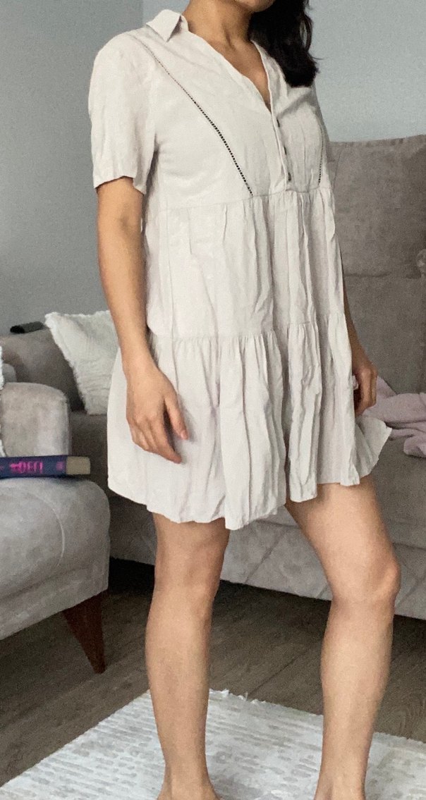 Bej V Yakalı Keten Midi Elbise - Görsel 2