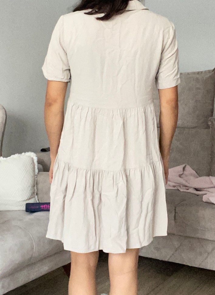 Bej V Yakalı Keten Midi Elbise - Görsel 4