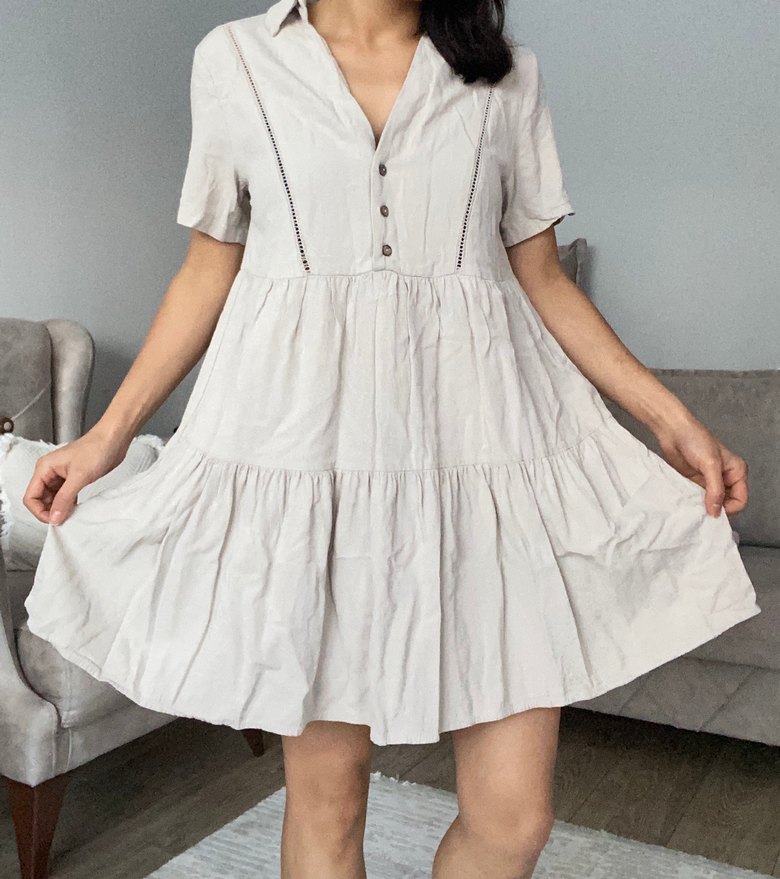 Bej V Yakalı Keten Midi Elbise - Görsel 3