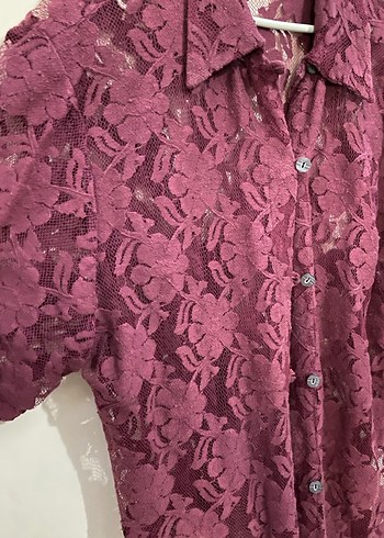 Bordo Dantel Bohem Kısa Kollu Gömlek - Görsel 2