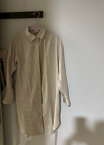 H&M Bej Midi Bohem Uzun Kollu Keten Kadın Elbise