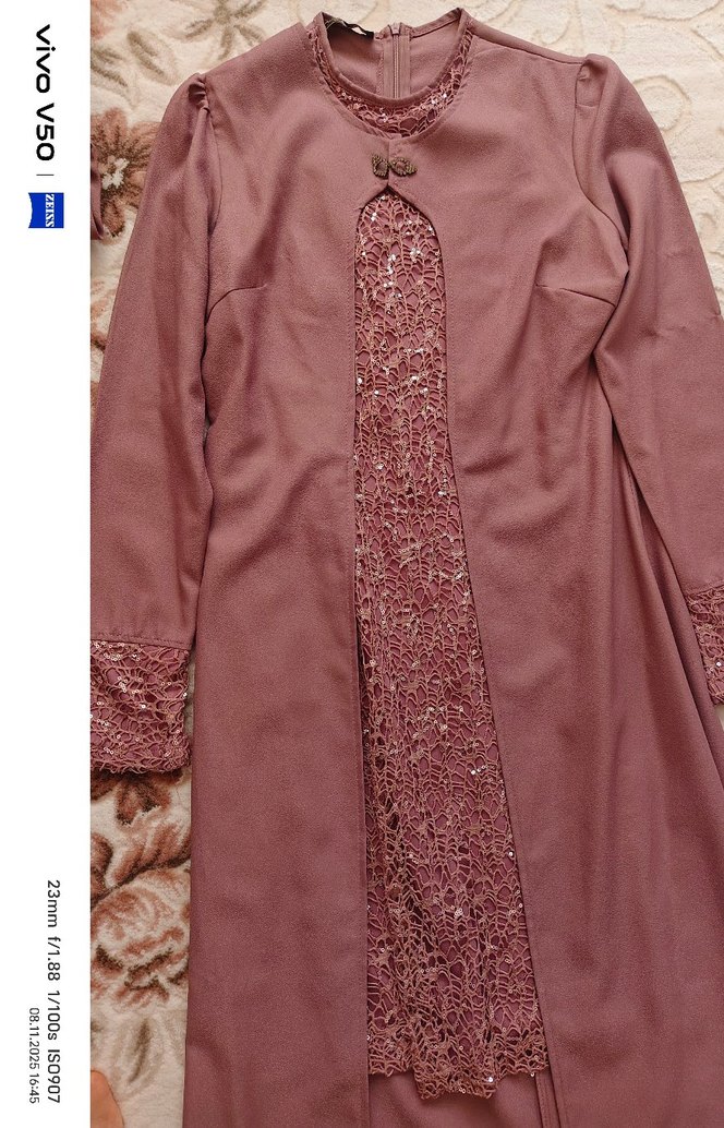 Bordo Nakış Detaylı Uzun Kadın Elbise - Görsel 3