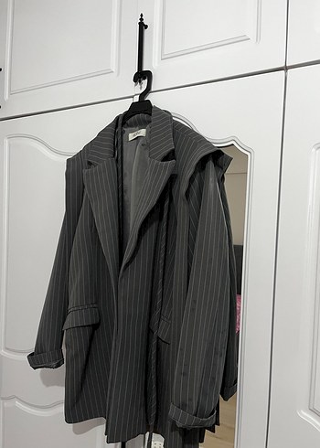 Diğer Gri Çizgili Uzun Kadın Blazer