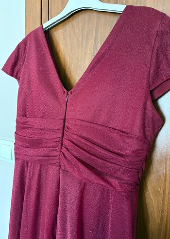 Bordo Uzun Abiye Elbise V Yaka Drapeli - Görsel 5