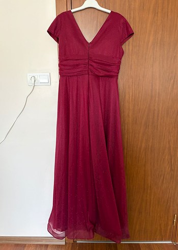 Bordo Uzun Abiye Elbise V Yaka Drapeli - Görsel 2