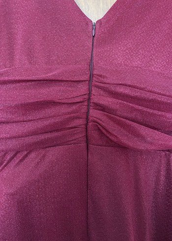 Bordo Uzun Abiye Elbise V Yaka Drapeli - Görsel 7