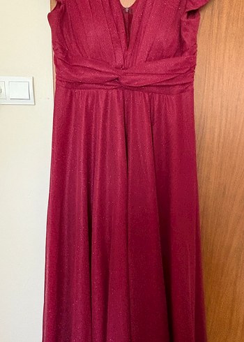 Bordo Uzun Abiye Elbise V Yaka Drapeli - Görsel 6