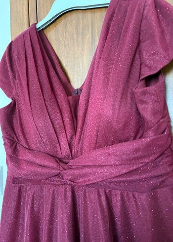 Bordo Uzun Abiye Elbise V Yaka Drapeli - Görsel 3