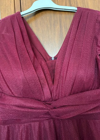 Bordo Uzun Abiye Elbise V Yaka Drapeli - Görsel 4