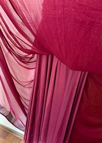 Bordo Uzun Abiye Elbise V Yaka Drapeli - Görsel 8