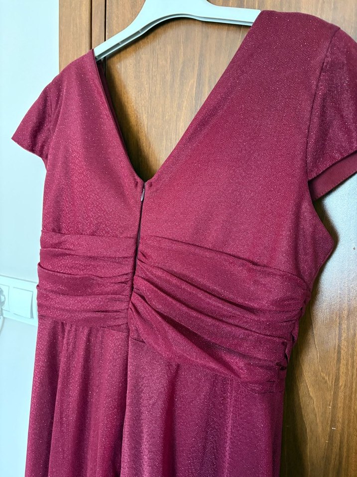 Bordo Uzun Abiye Elbise V Yaka Drapeli - Görsel 5