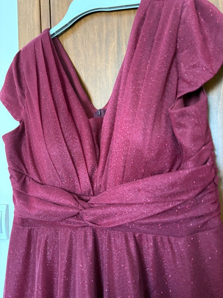 Bordo Uzun Abiye Elbise V Yaka Drapeli - Görsel 3