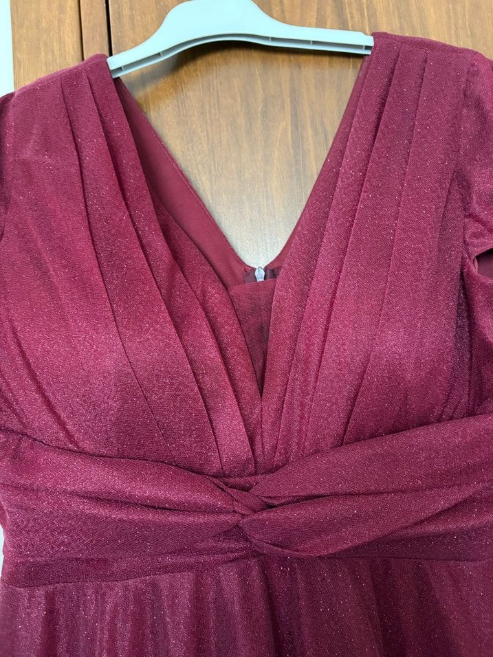 Bordo Uzun Abiye Elbise V Yaka Drapeli - Görsel 4