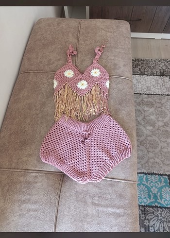 Pembe Nakışlı Örgü Bebek Kız Takımı