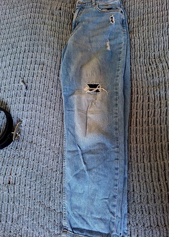 Nakışlı Düğmeli Mavi Bol Kesim kişiselleştirilmiş kot Pantolon - Görsel 4